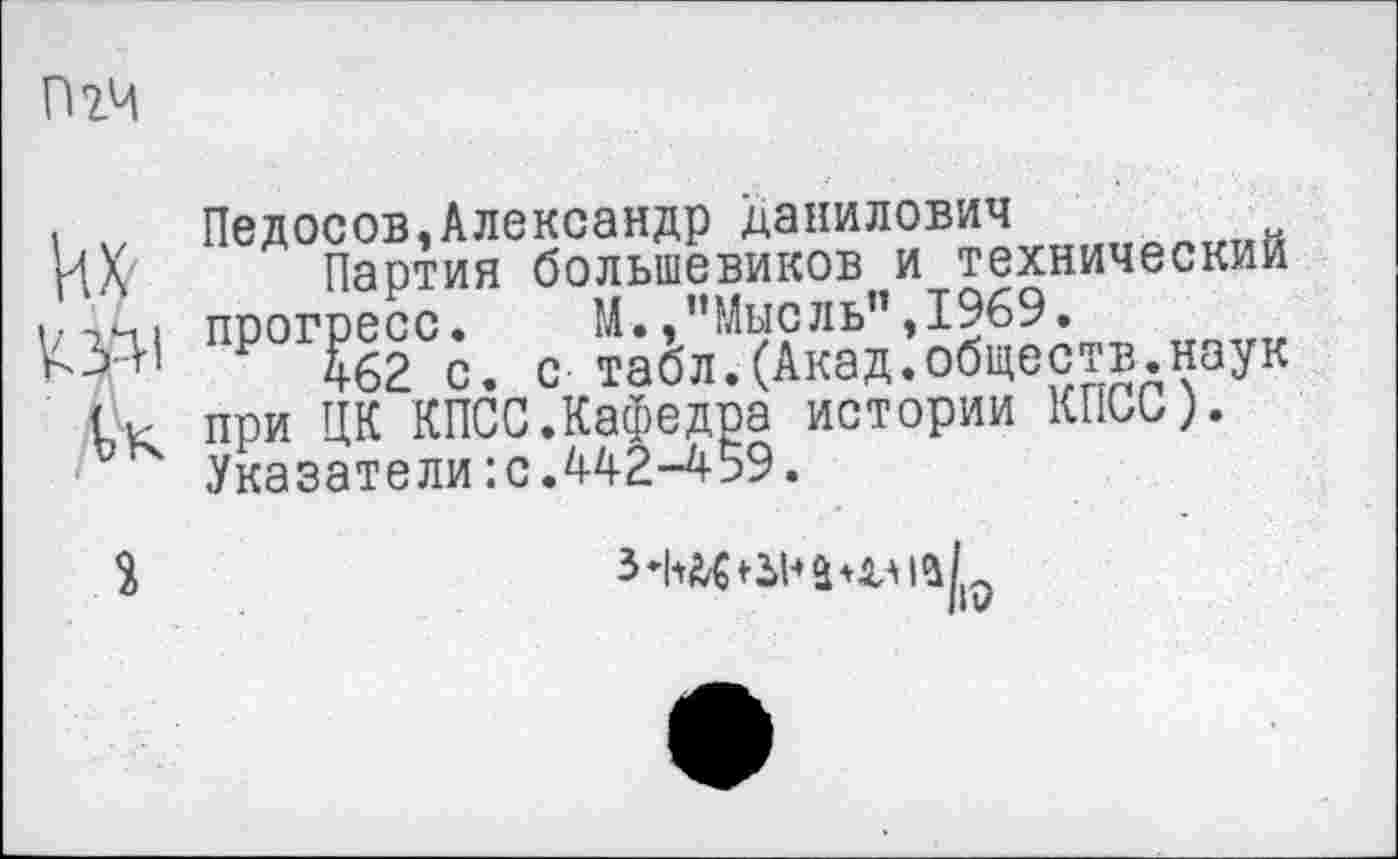 ﻿ПгЧ
1 у Педосов,Александр Данилович
ПЛ Партия большевиков и технический |/эч1 прогресс.	М.,"Мысль",1969.
г 462 с. с табл.(Акад.обществ.наук при ЦК КПСС.Кафедра истории КПСС). Указатели:с.442-459.